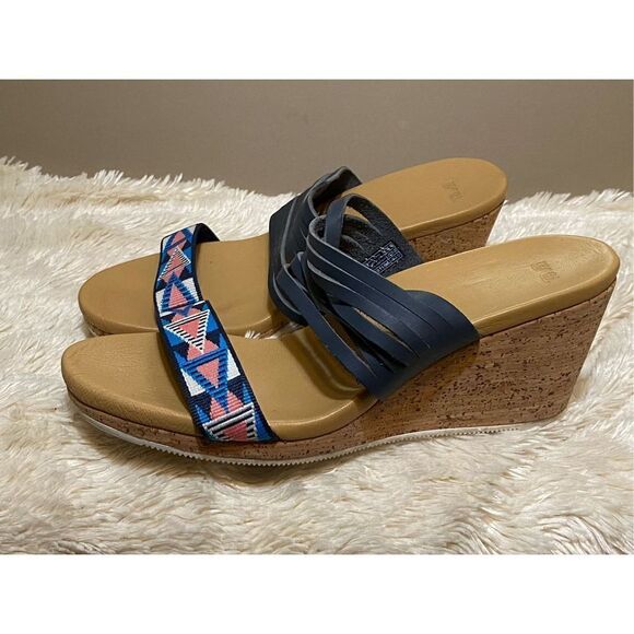 Teva Women’s Arabella Navy Blue Tribal Aztec Cork Wedge Sandal Sz 9 US - Picture 1 of 8